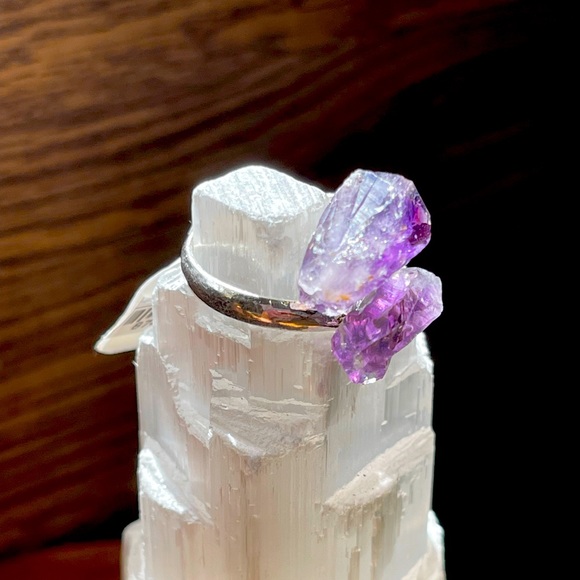 Raw Amethyst Crystal Wrap Ring on Stainless Steel Setting Adjustable One Size - Picture 6 of 9